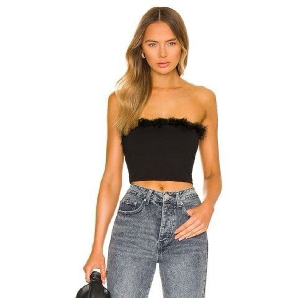 Superdown REVOLVE Olivia Strapless Top in Black Feather Trim Bandeau S NWT